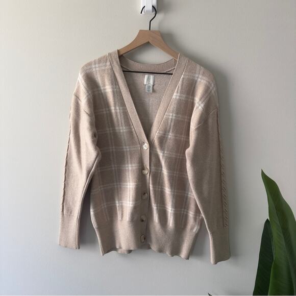 Joie Beige Plaid Cardigan long sleeve cable knit accent button down front - Picture 3 of 12